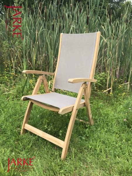 Teak Hochlehner mit einem Bezug aus Durasling Taupe