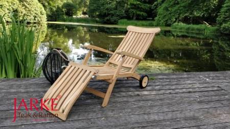 Teak Deckchair "Alster" Premium, mit Rädern, annehmbares Fußteil und Edelstahlscharniere