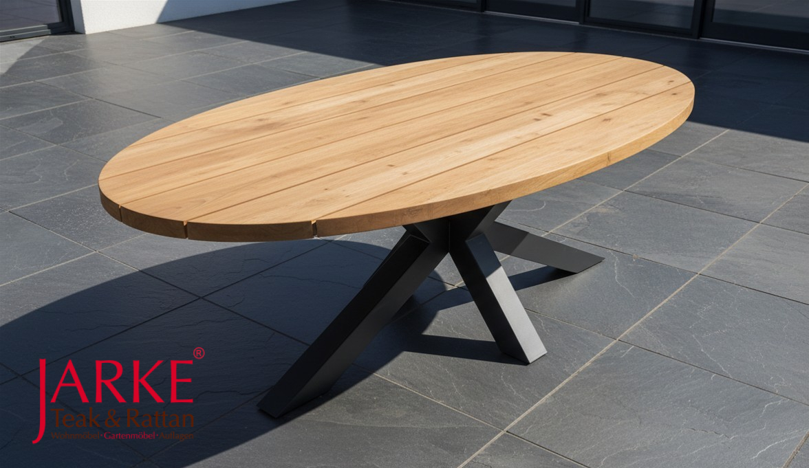Teak Tisch "Kira", Old Teak, Tischplatte in Elipsenform