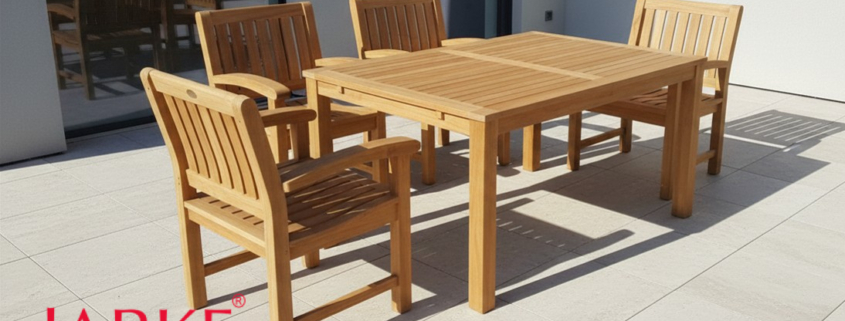 Teak Sessel Angulia, ergonomisch und Teak Ausziehtisch "New Design"