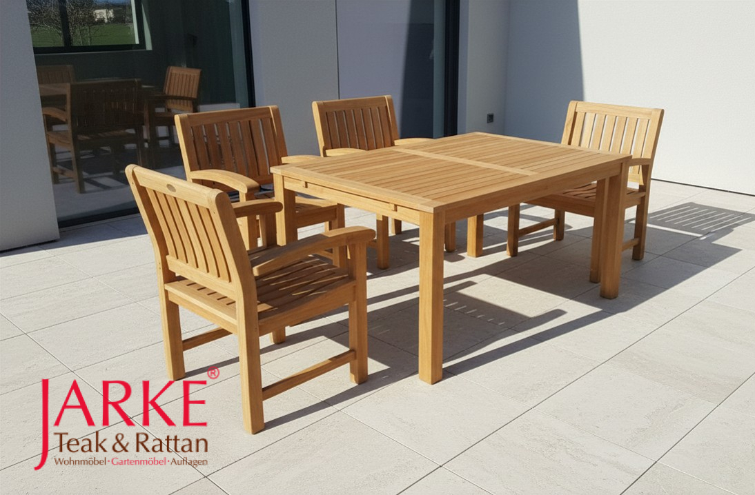Teak Sessel Angulia, ergonomisch und Teak Ausziehtisch "New Design"