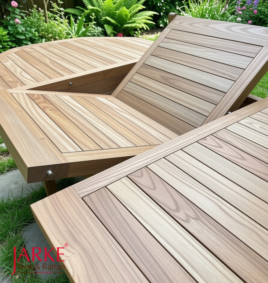 Teak Ausziehtisch de Lux, oval, 4 cm dicke Tischplatte